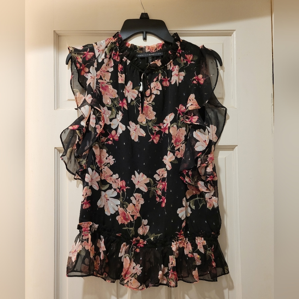 White House Black Market Black Floral Ruffle Blouse